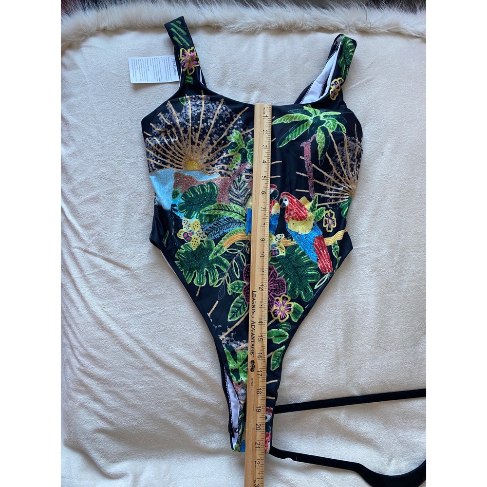 Women's One-Piece Swimsuit Small Black Tropical Parrot NWT High Cut Scoop Bold - Picture 6 of 11